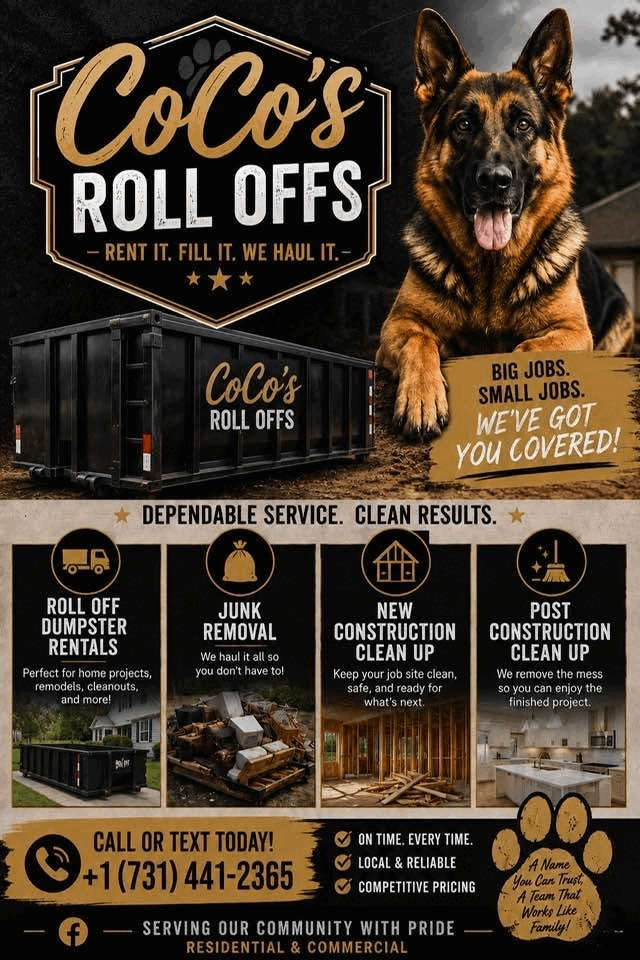 Service flyer listing dumpster rentals, junk removal and construction cleanup